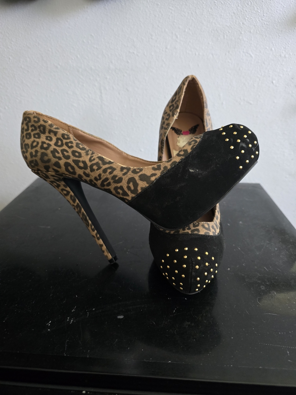 Leopard Print Studded Platform Heels – Size 8.5